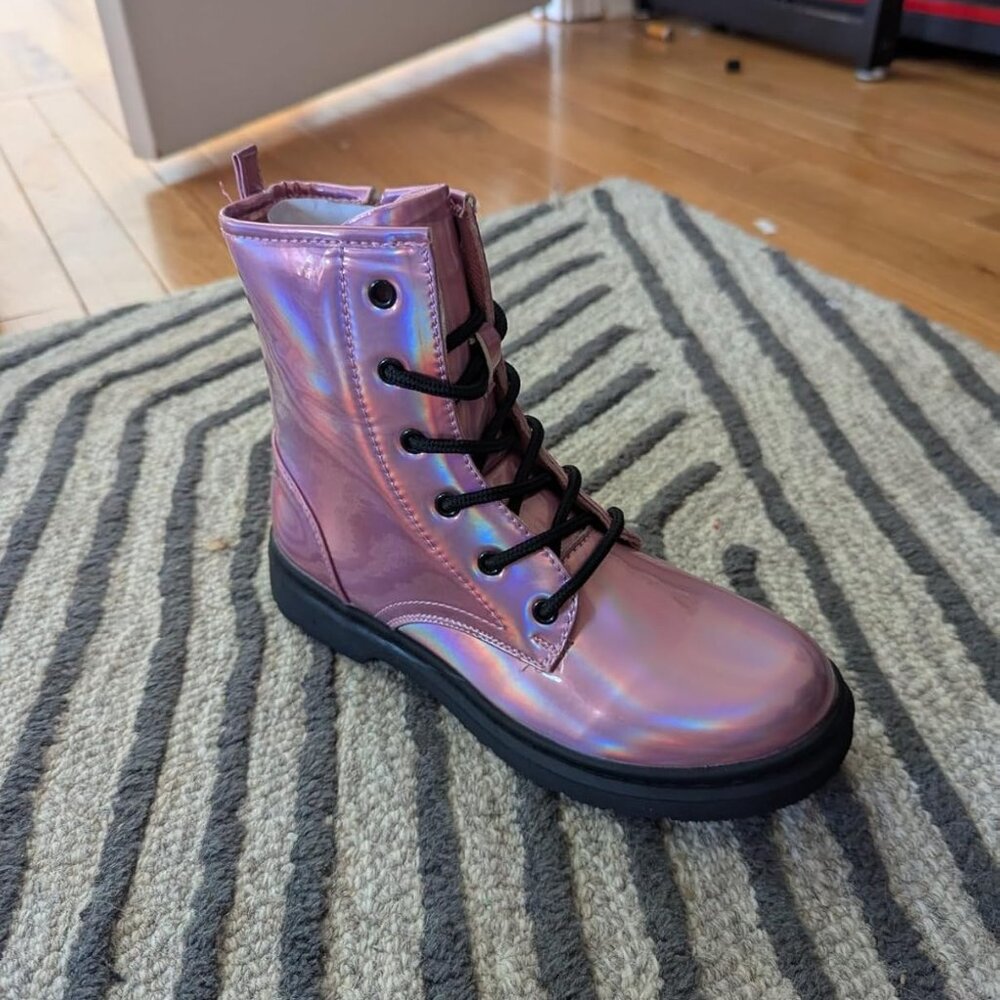 🆕Girls Pink Rubber Ankle Side Zipper Lace Up Stylish Comfort Glitter Boots